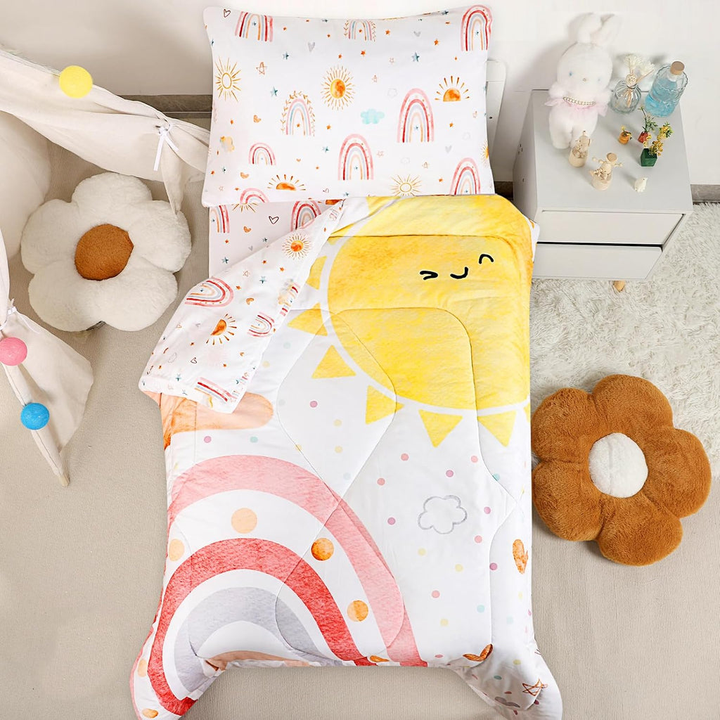 Toddler Bedding Set for Girls 4 Piece Pink Rainbow Toddler Girl Bedding Set Super Soft & Lightweight Toddler Comforter Set Includes Comforter, Flat Sheet, Fitted Sheet, Pillowcase