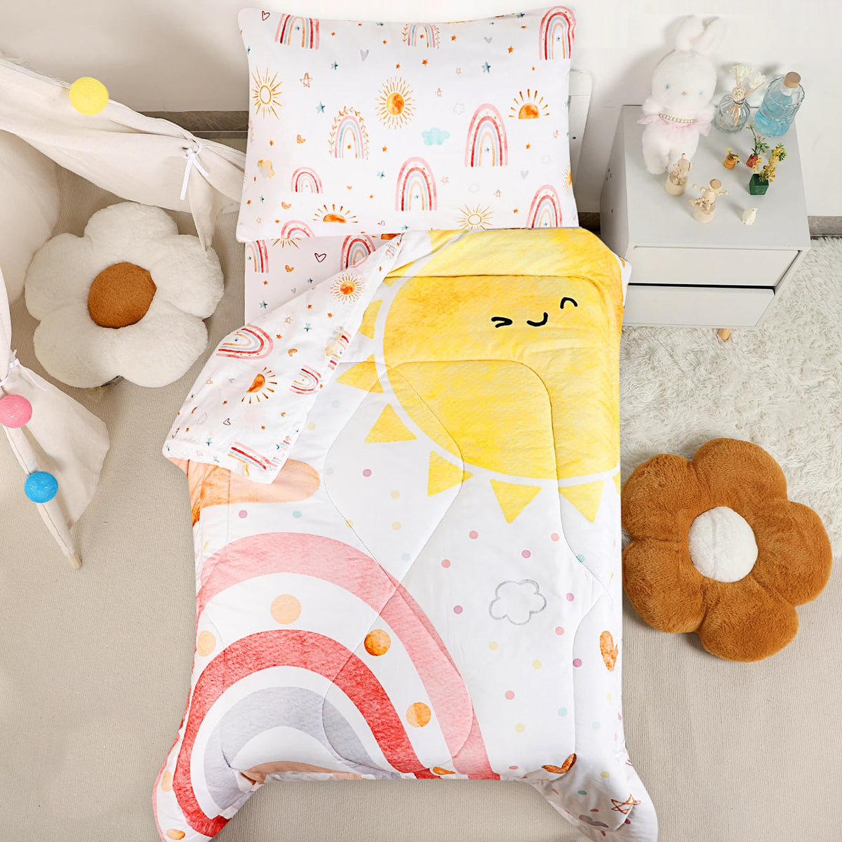 Toddler Bedding Set for Girls 4 Piece Pink Rainbow Toddler Girl Bedding Set Super Soft & Lightweight Toddler Comforter Set Includes Comforter, Flat Sheet, Fitted Sheet, Pillowcase