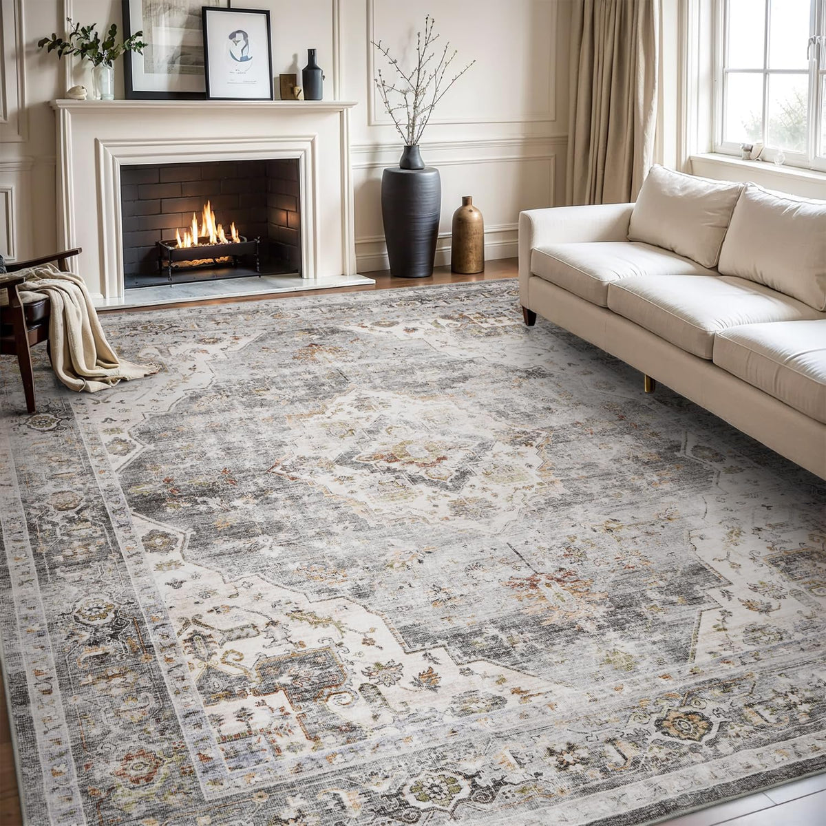 AMOAMI-Area Rug 5X7 Rugs for Living Room-Vintage Soft Beige Rugs for Bedroom-Non Slip Carpet-Machine Washable Rug for Dining Room Living Room Bedroom Office Under Table-Beige