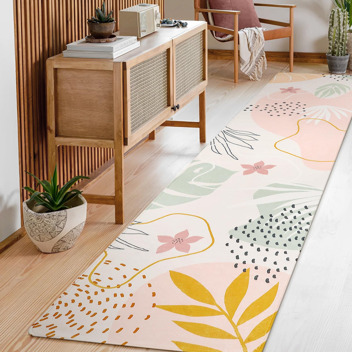 Lahome Pink Boho Nursery Rug 4x6, Washable Non Slip Soft Botanical Area Rug for Girls Bedroom Kids Room Playroom Dorm Apartment Decor