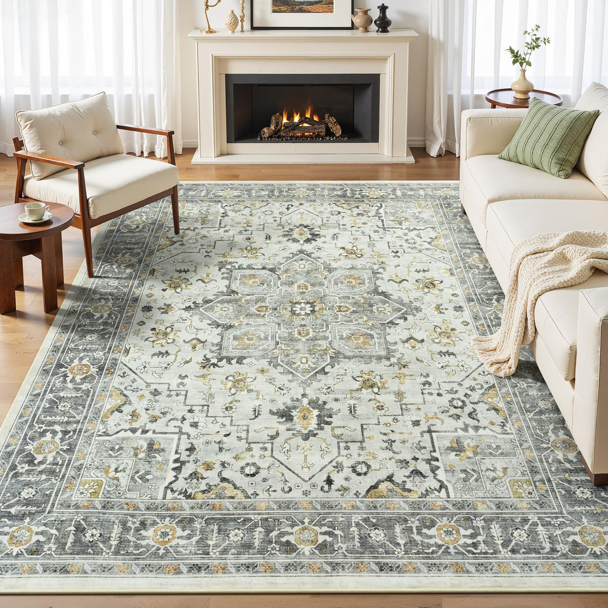 Sage Green 8x10 Area Rug for Living Room, Vintage Boho Large Carpet