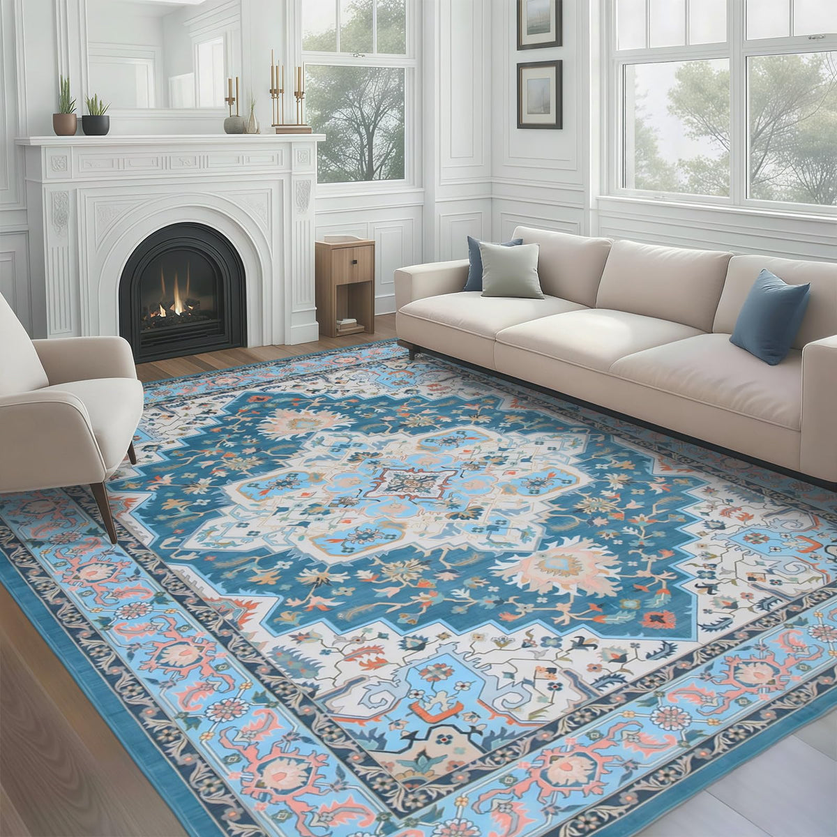 WILLSUN Washable Area Rugs, 5x7 Non-Slip Boho Large Area Rugs for Living Room, Bedroom, Machine Washable Vintage Rug, Indoor Floral Print Carpet for Home Decor, Kid & Pet Friendly Mat