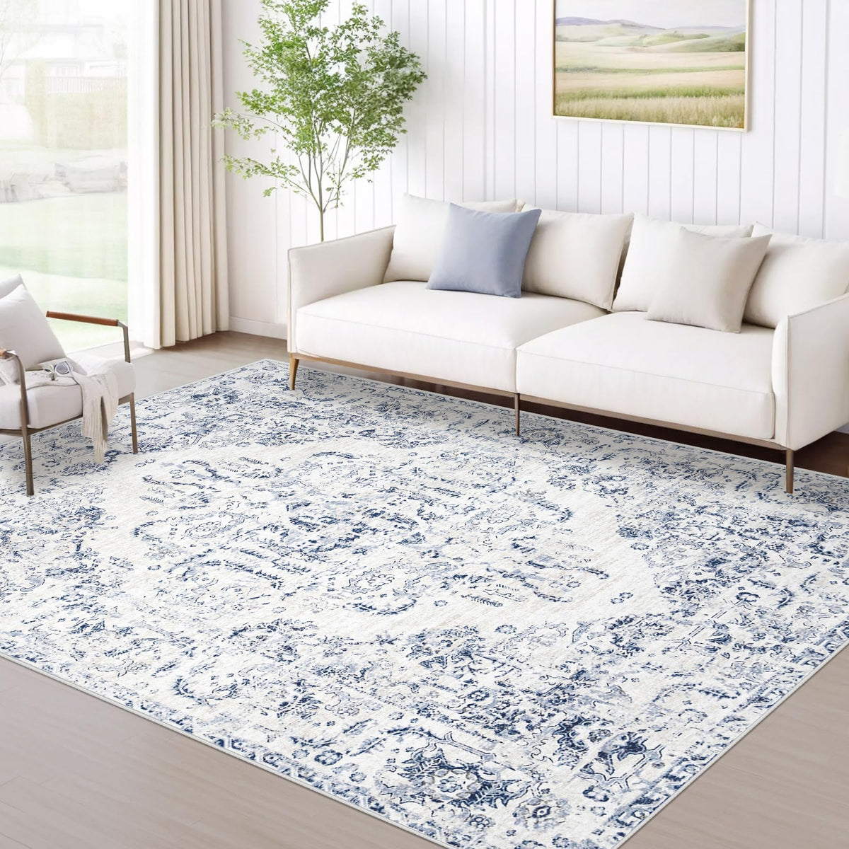 Area Rug 5x7 Vintage Rugs: Washable Living Room Rug Retro Medallion Distressed Large Rug Soft Low Pile Non-Slip Rugs Indoor Floor Carpet for Bedroom Kitchen Nursery Dining Table Office (Beige/Brown)