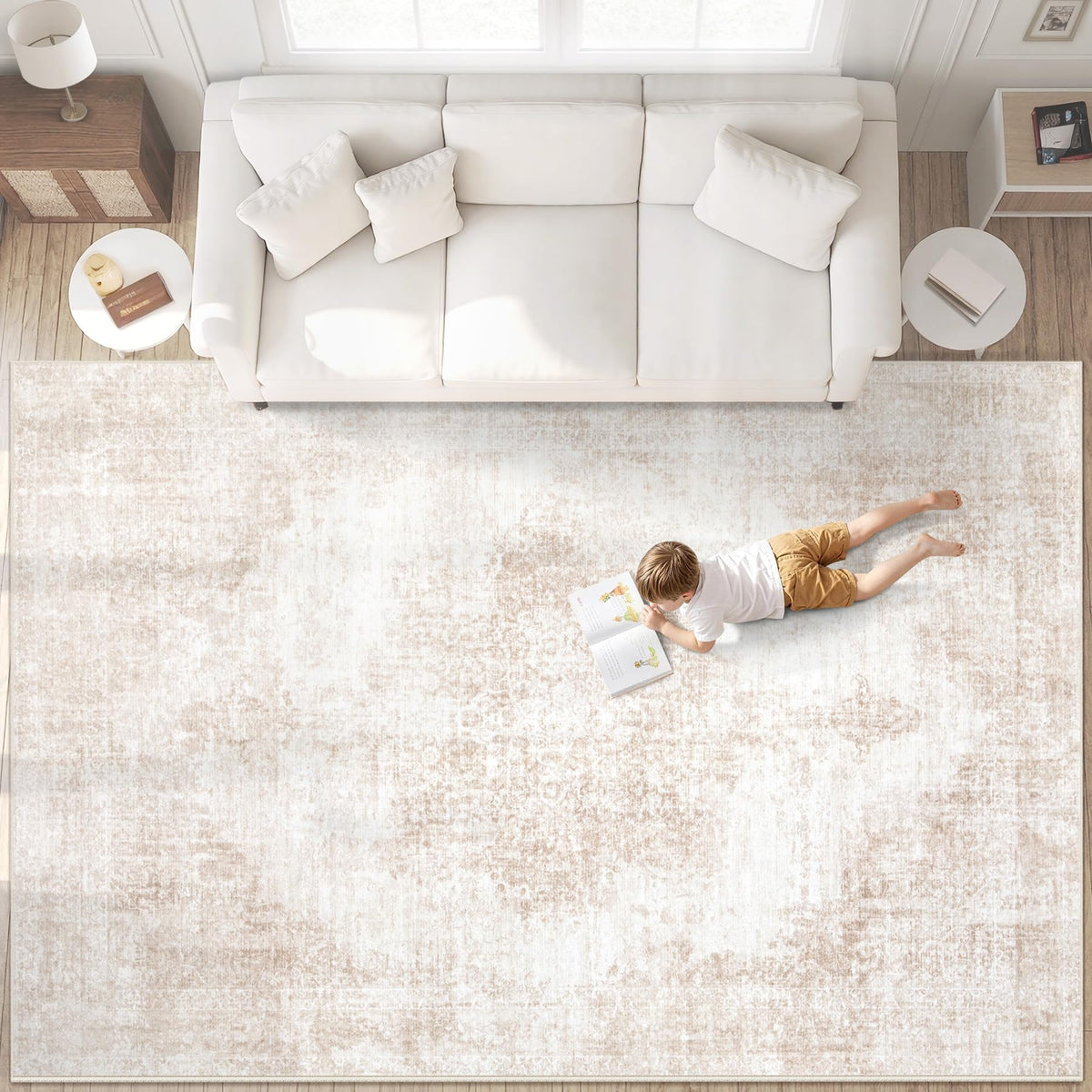 Area Rug 5x7 Vintage Rugs: Washable Living Room Rug Retro Medallion Distressed Large Rug Soft Low Pile Non-Slip Rugs Indoor Floor Carpet for Bedroom Kitchen Nursery Dining Table Office (Beige/Brown)