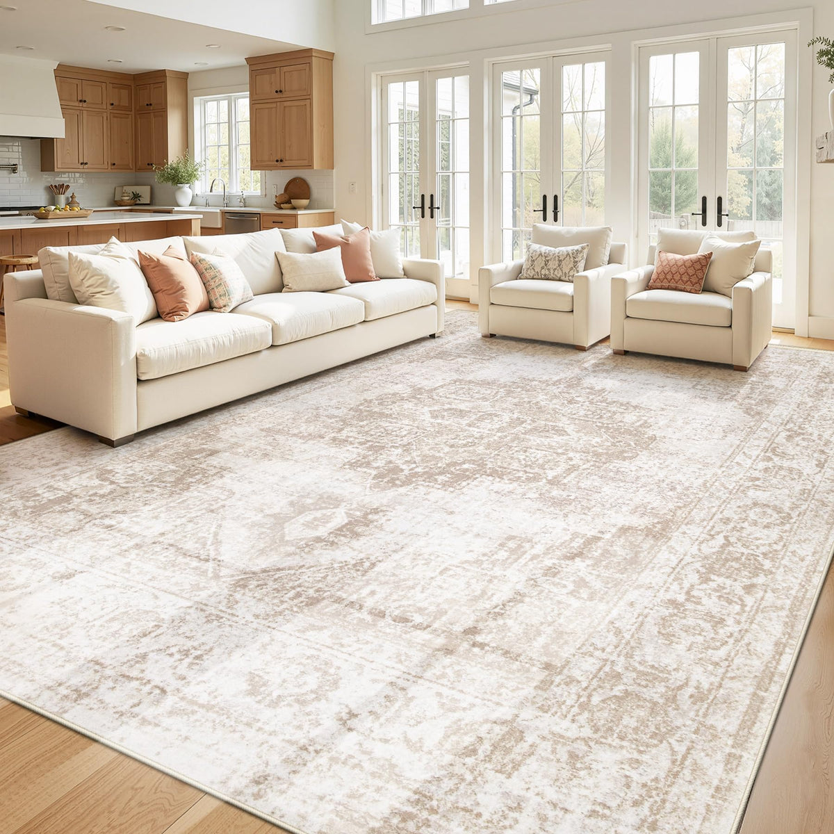 Area Rug 5x7 Vintage Rug: Washable Indoor Medallion Rugs Low Pile Distressed Floor Carpet Retro Accent Rug for Living Room Bedroom Kitchen Dining Table Home Office(Beige, 5'x7')