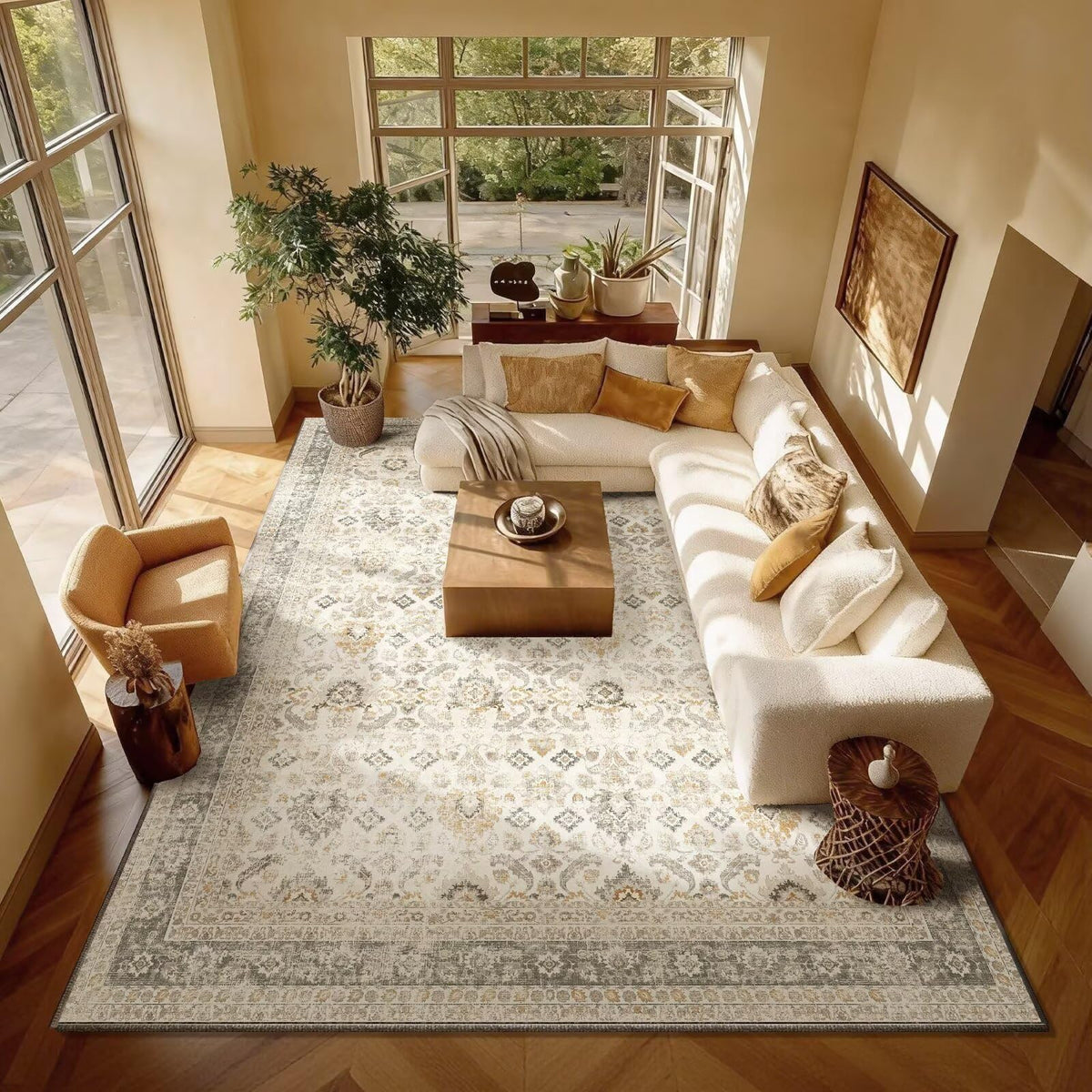 Washable 10x14 Area Rugs for Living Room, Ivory/Sage Gold