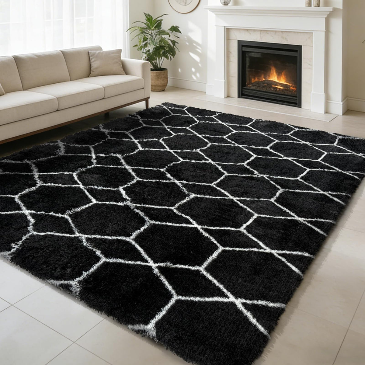 5x8 Shag Area Rug for Bedroom,Grey and Black Fluffy Rugs for Living Room