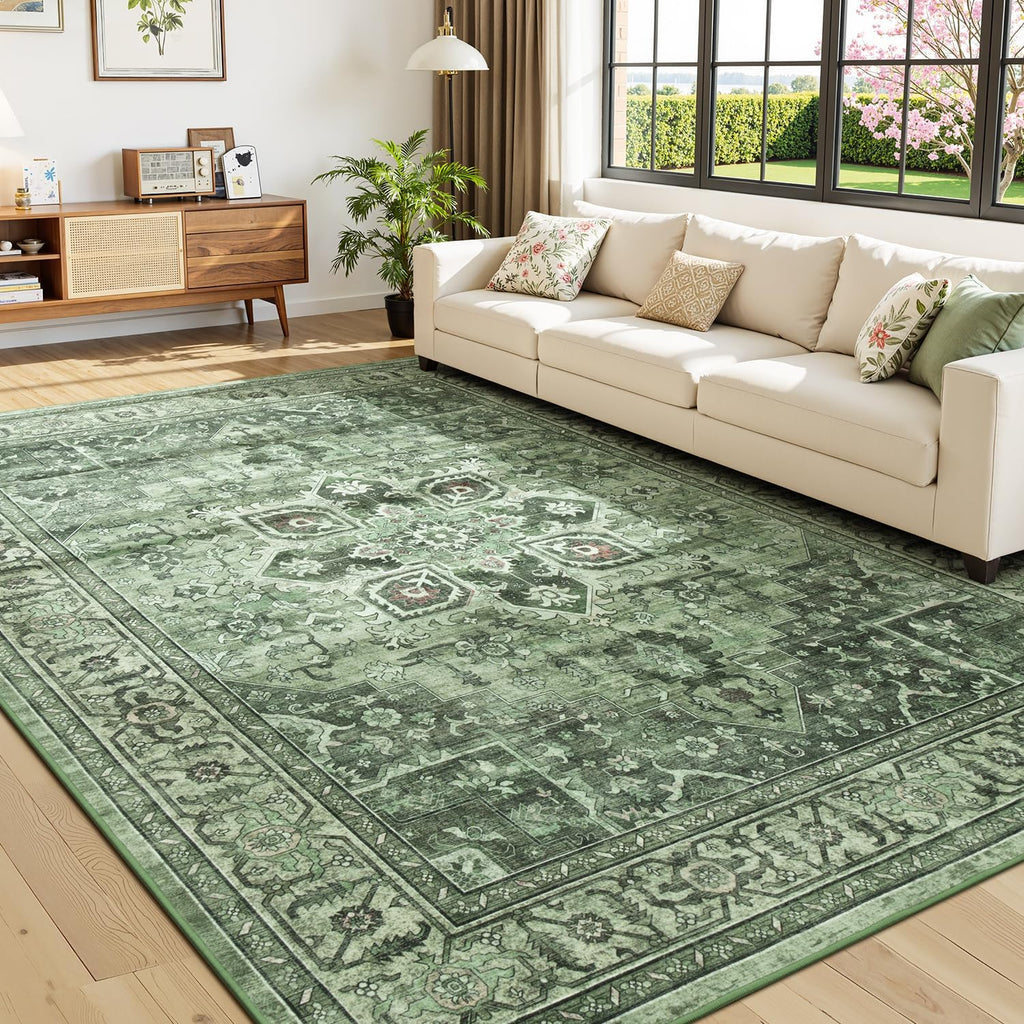 Sage Green 8x10 Area Rug for Living Room, Vintage Boho Large Carpet