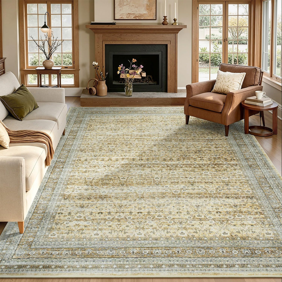 Sage Green 8x10 Area Rug for Living Room, Vintage Boho Large Carpet