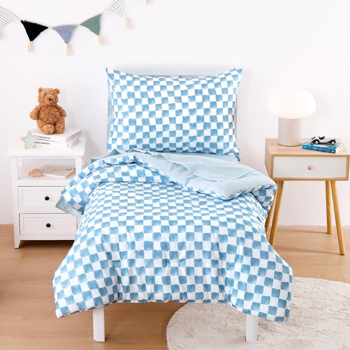 Wake In Cloud - Toddler Bedding Set for Boys Girls, Cute Gingham Grid Checkered, 4 Pieces Soft Crib Bed Set Including Comforter, Sheets and Pillowcase, Brown White
