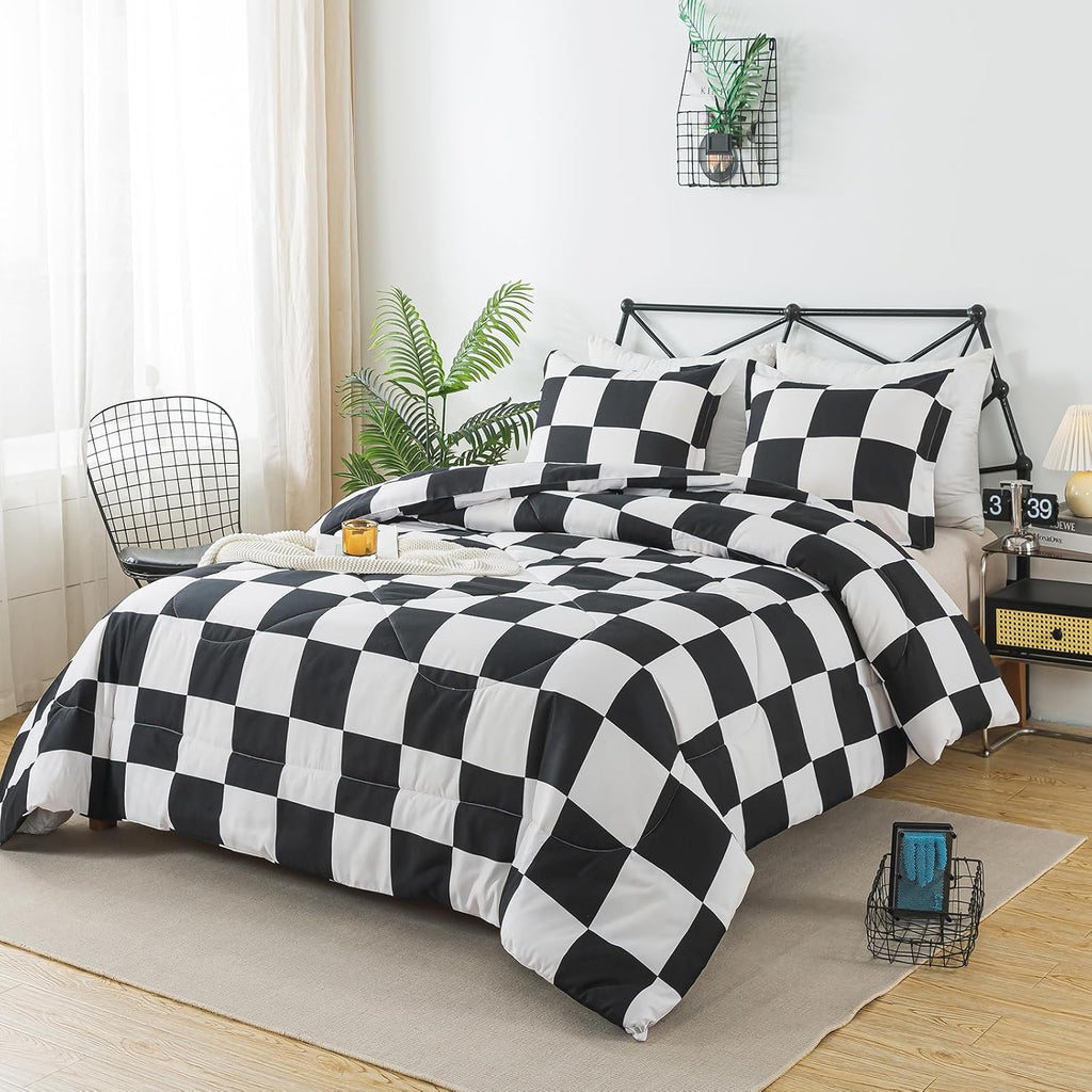 Caressma Black White Checkered Comforter Set, Twin Size Boys Bedding Set