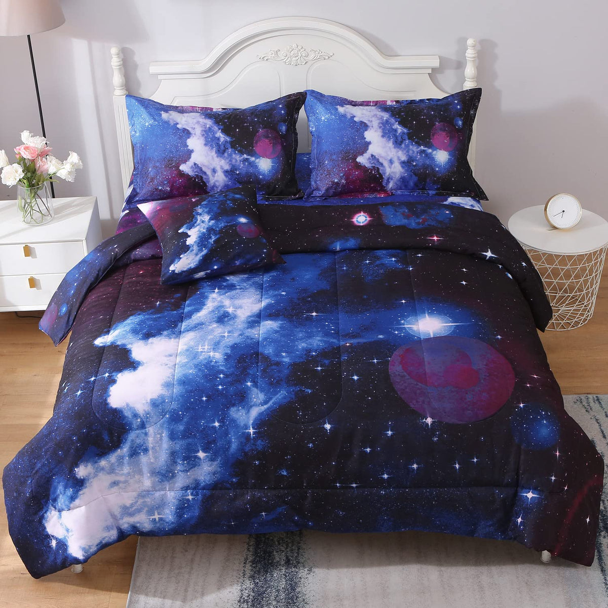 JQinHome Twin Galaxy Comforter Sets 6 Piece Bed in A Bag, Outer Space Themed Bedding for Children Boy Girl Teen Kids,1 Comforter, 1 Flat Sheet, 1 Fitted Sheet, 2 Pillowshams, 1 Cushion Cover(Blue)
