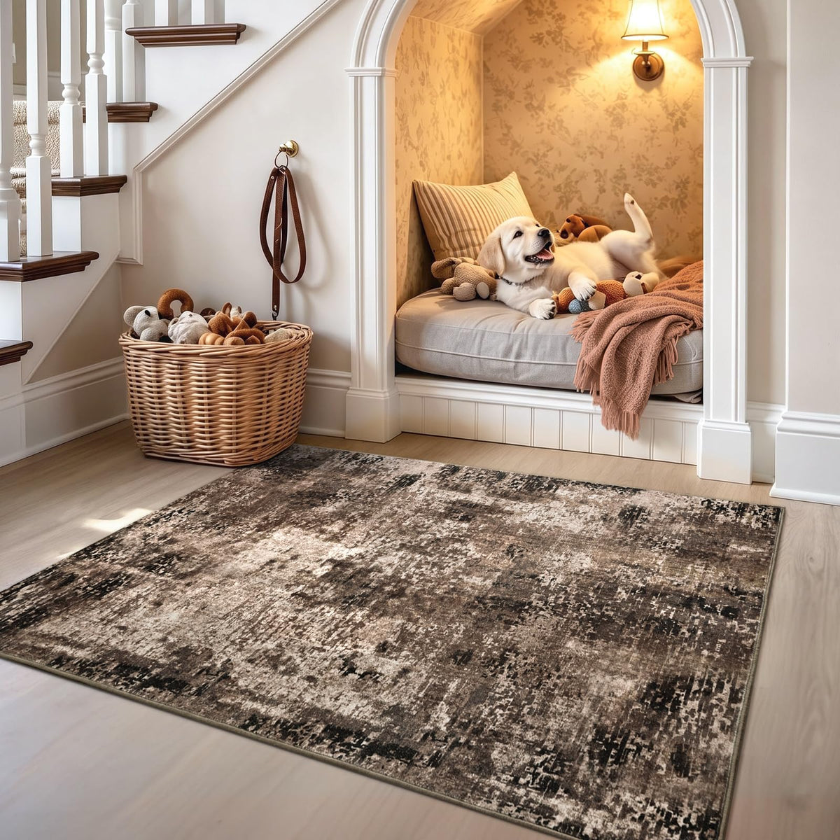 Living Room Rug 5x7 Gray Area Rug Machine Washable Boho Rug Non Slip Abstract Vintage Indoor Large Rugs for Bedroom, Classroom, College Dorm, Farmhouse, Dining Room, Kids Playroom