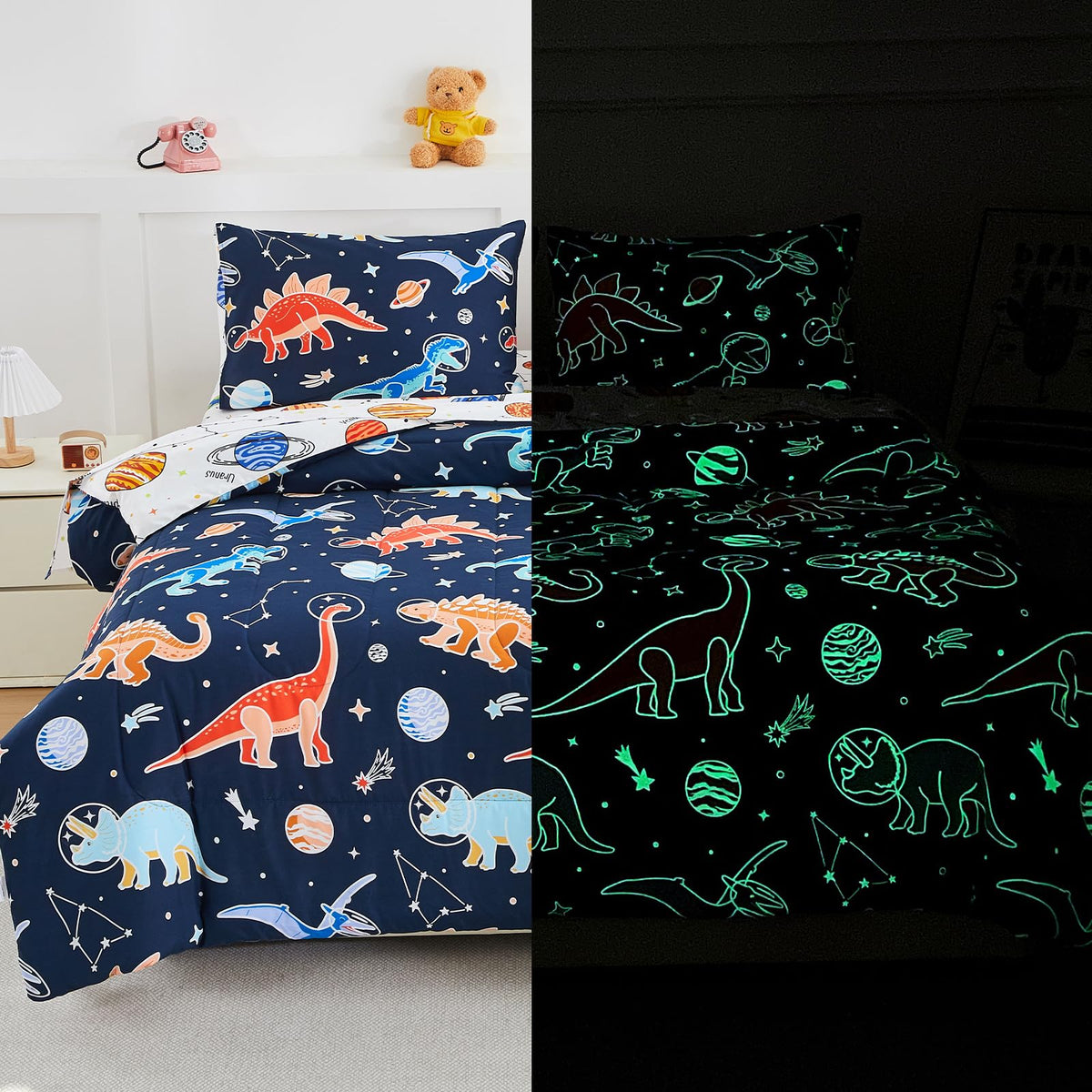NTBED 5Pcs Glow in The Dark Kids Comforter Set Dinosaur Twin Bedding Set