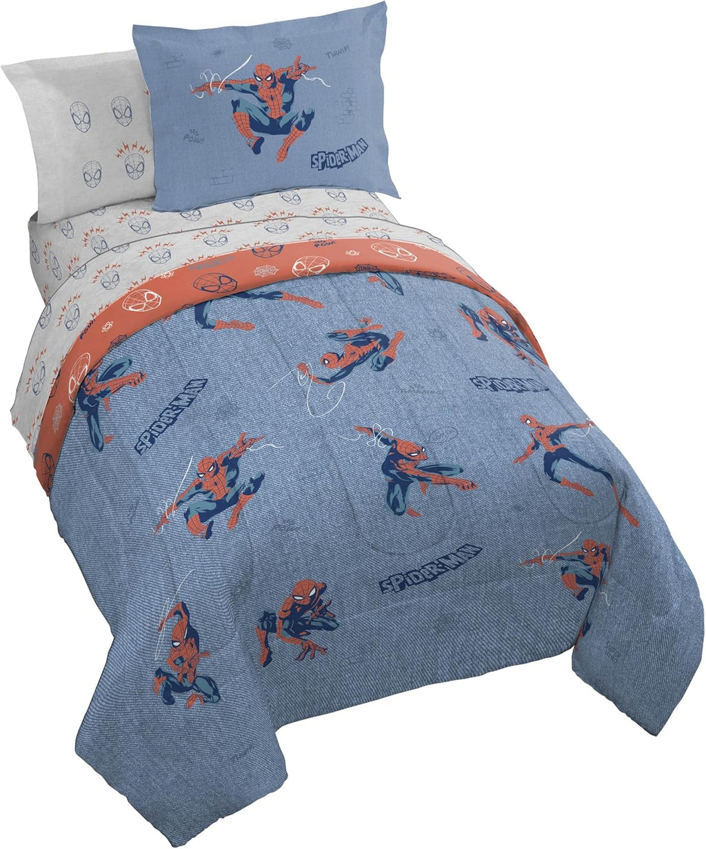 Marvel Spiderman Full Comforter Set 7 Piece Bedding for Boys, Blue