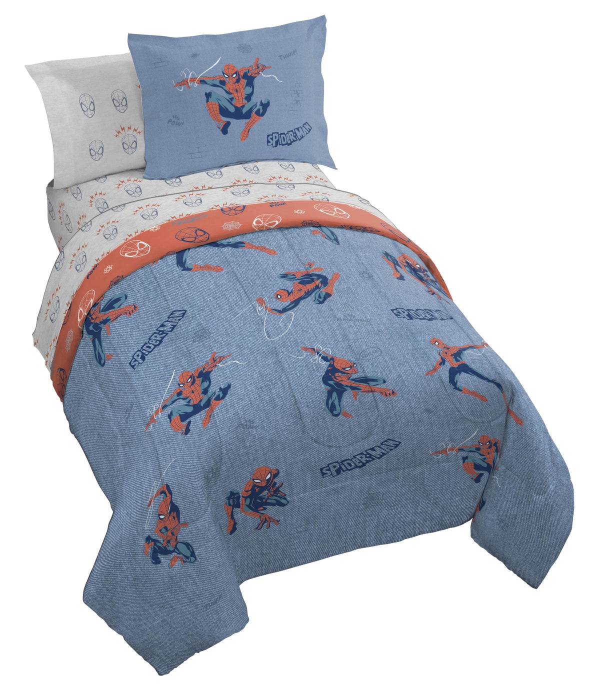 Marvel Spiderman Full Comforter Set 7 Piece Bedding for Boys, Blue