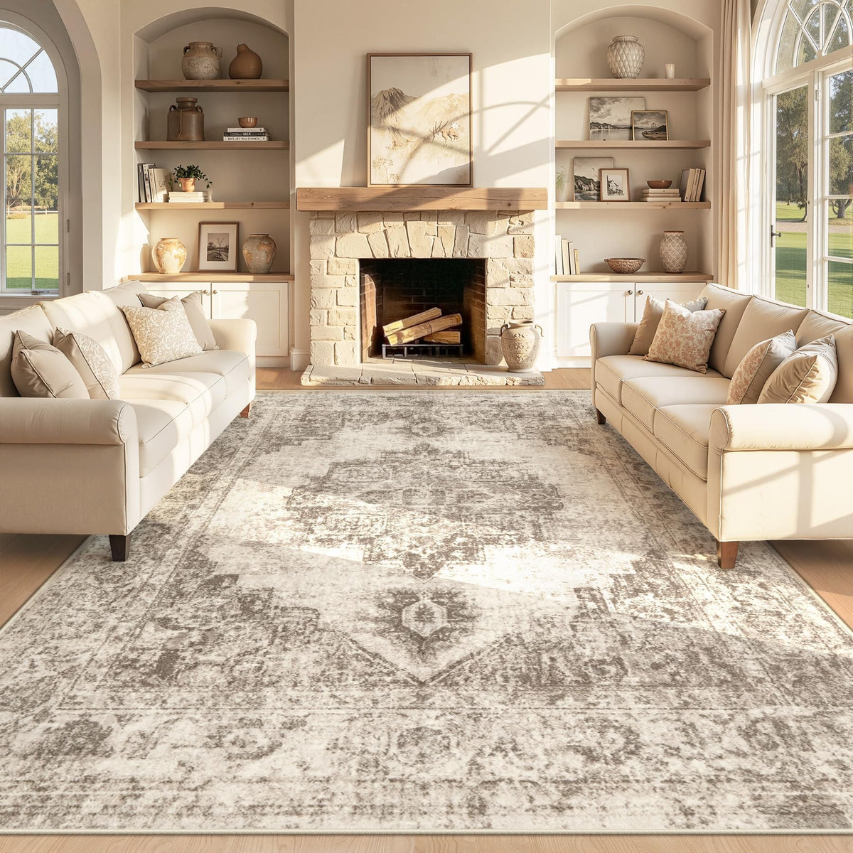 Area Rug 5x7 Vintage Rug: Washable Indoor Medallion Rugs Low Pile Distressed Floor Carpet Retro Accent Rug for Living Room Bedroom Kitchen Dining Table Home Office(Beige, 5'x7')