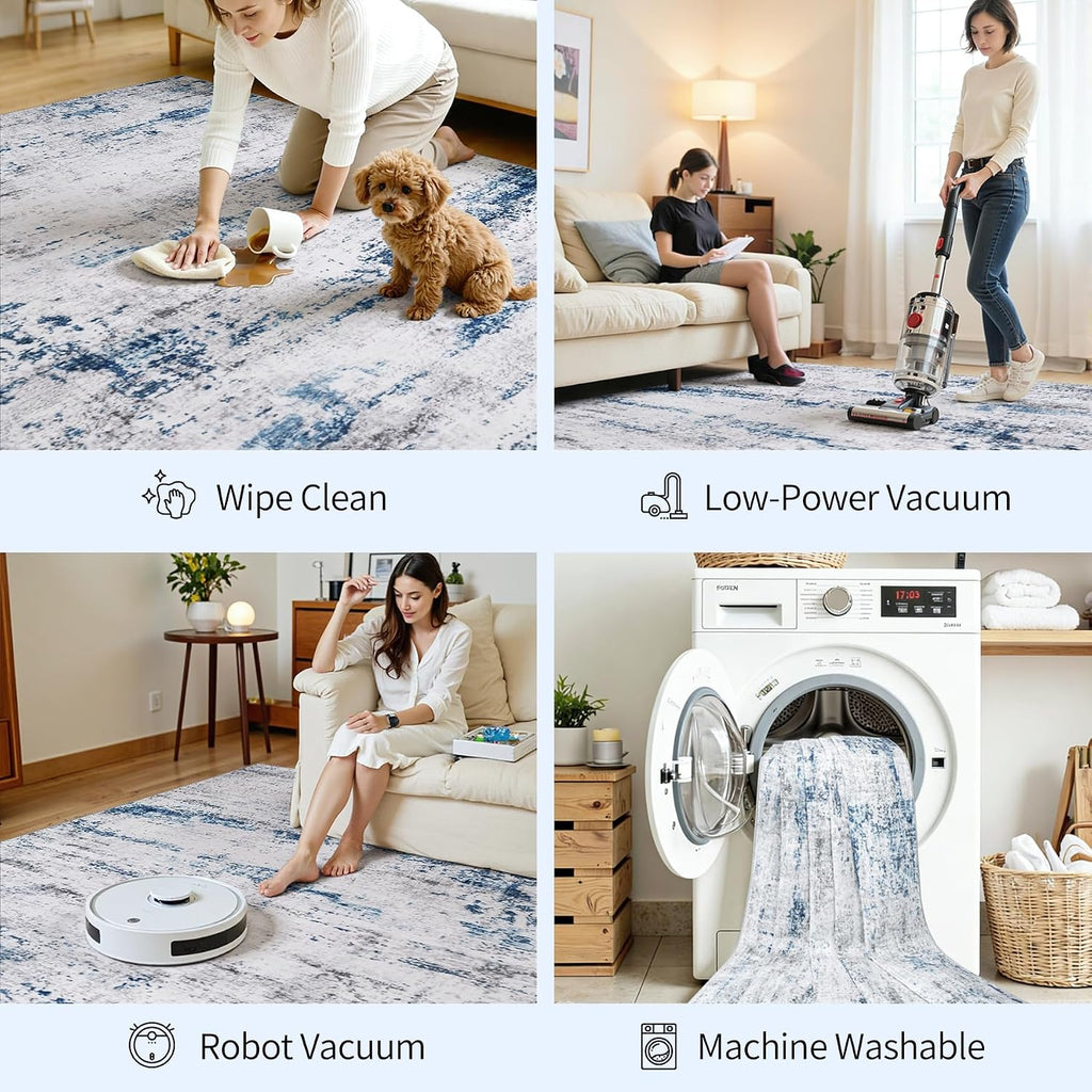 5x7 Area Rugs for Living Room Large Washable Abstract Rug White Gray Blue