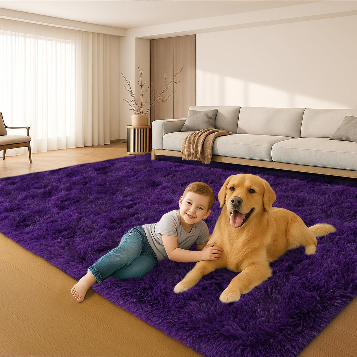 8x10 Cream Fluffy Shag Area Rug, Non-Slip Soft Carpet for Home
