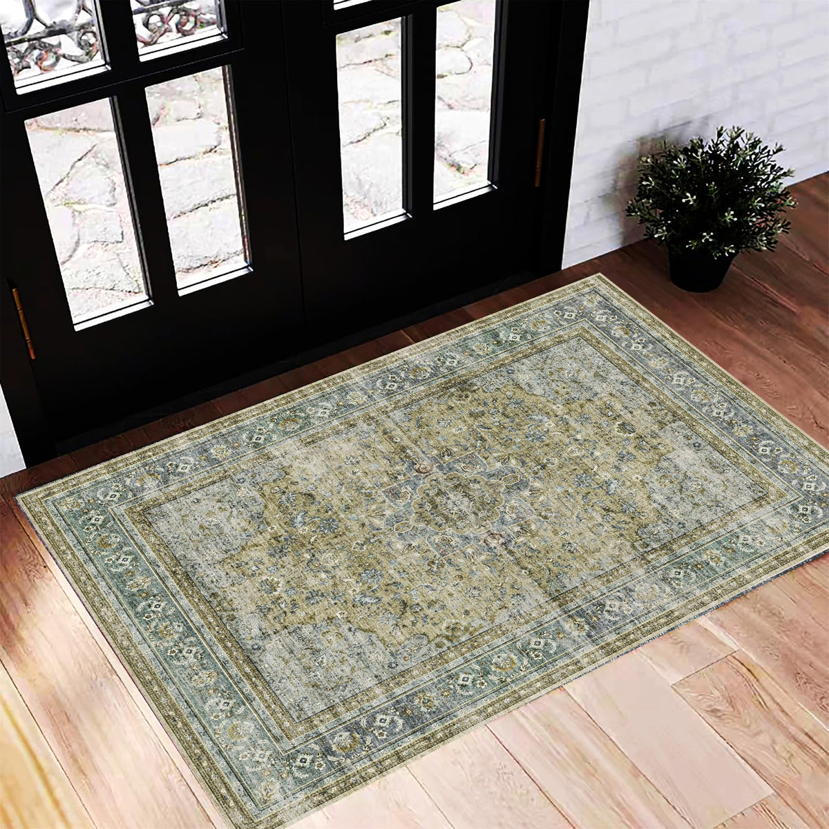 CHAMPLANT Area Rug 4x6 Washable Rug Gray Vintage Traditional Floor Cover Foldable Thin Retro Accent Indoor Distressed Non Slip Carpet Floral Print Mat Bedroom Living Room Bathroom