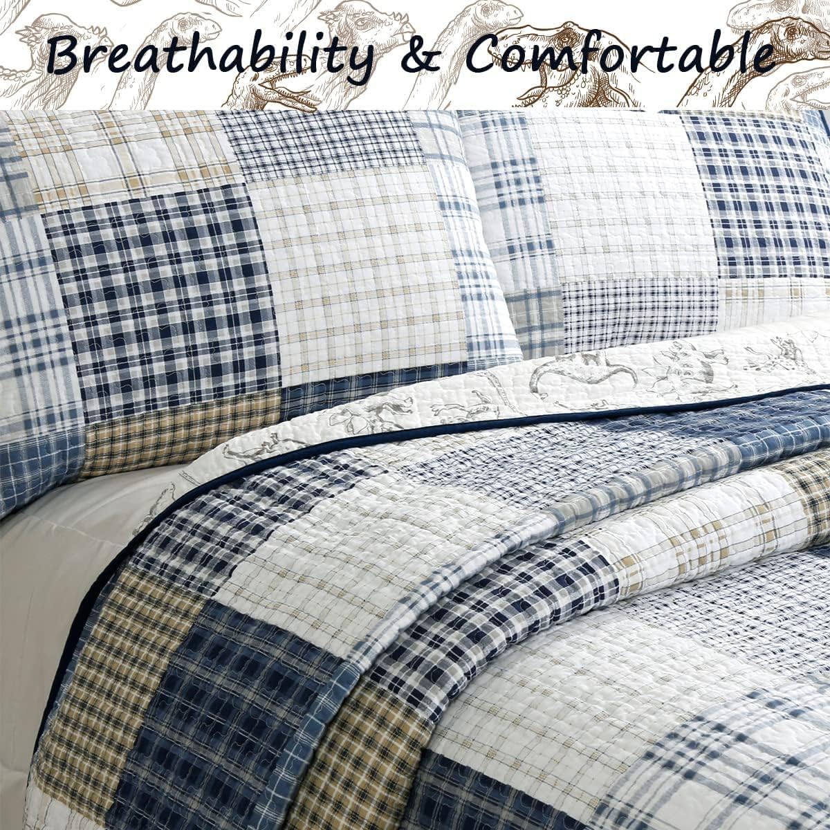 Cozy Line Home Fashions Benjamin Cute Dinosaur Plaid Navy Blue White Grey Bedding Quilt Set 100% Cotton Reversible Coverlet Bedspread Set for Kids Boy(Twin - 2 piece)