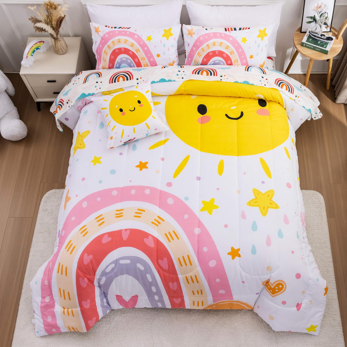 Btargot 5 Piece Full Size Pink Rainbow Comforter Set for Girls Boys Kids, Cartoon Cartoon Butterfly Bedding Set, Bed in a Bag with Comforter, Sheets and Pillowcases