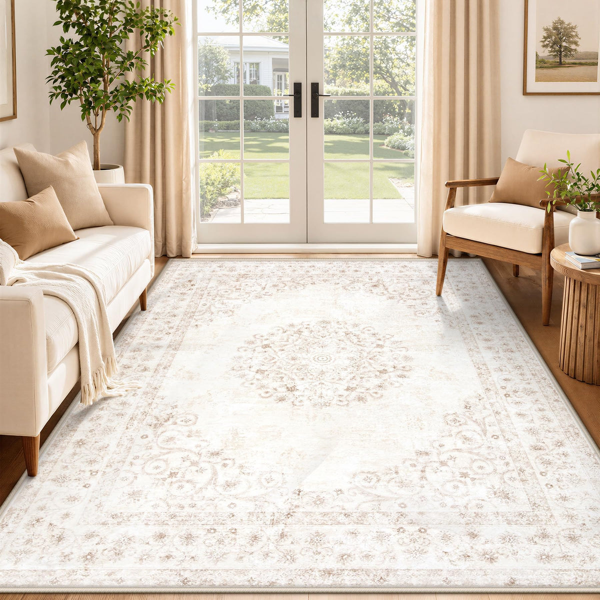 Area Rug 5x7 Vintage Rug: Washable Indoor Medallion Rugs Low Pile Distressed Floor Carpet Retro Accent Rug for Living Room Bedroom Kitchen Dining Table Home Office(Beige, 5'x7')