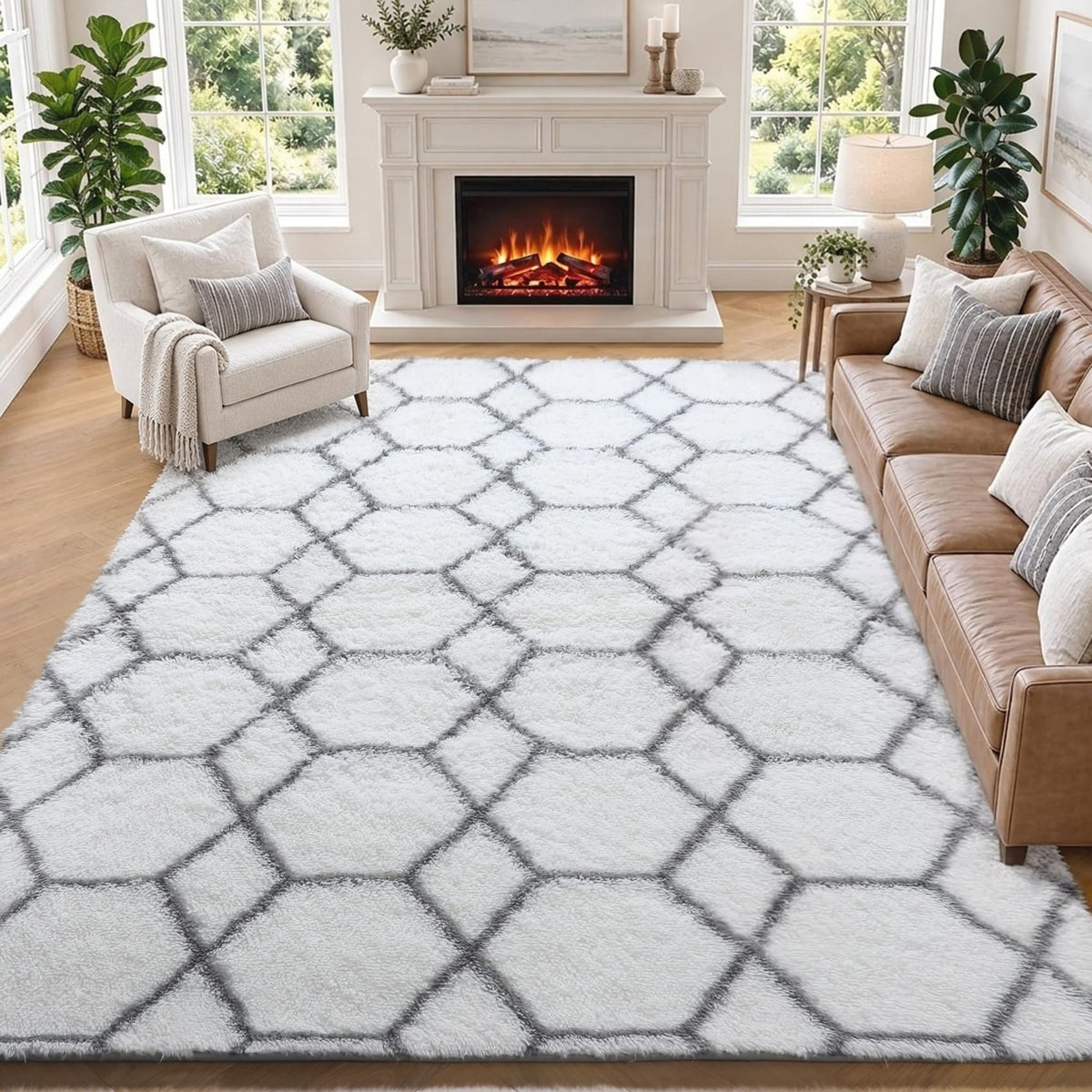 Area Rugs for Bedroom Living Room, 4x6 Fluffy Grey and Black Geometric Rug