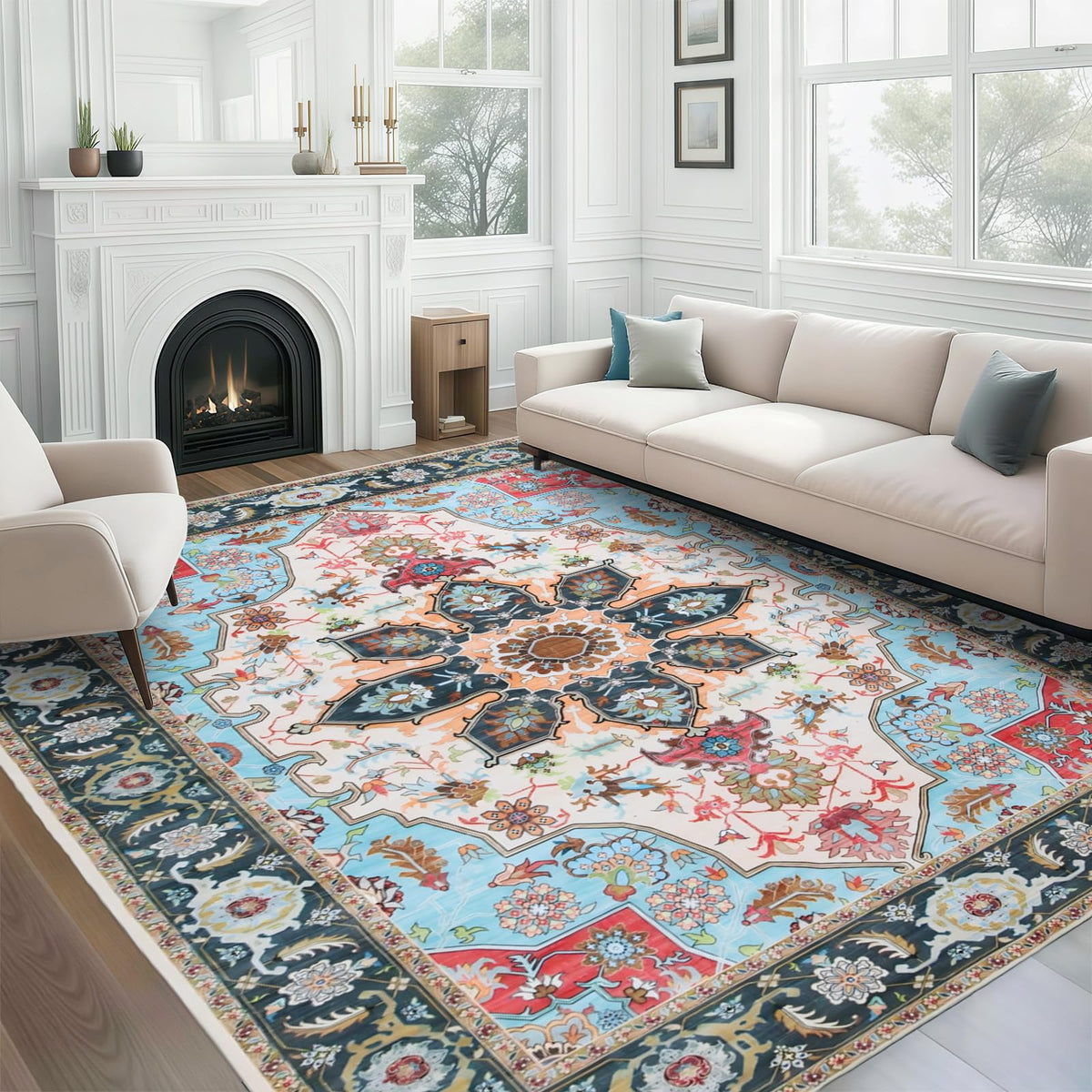 WILLSUN Washable Area Rugs, 5x7 Non-Slip Boho Large Area Rugs for Living Room, Bedroom, Machine Washable Vintage Rug, Indoor Floral Print Carpet for Home Decor, Kid & Pet Friendly Mat