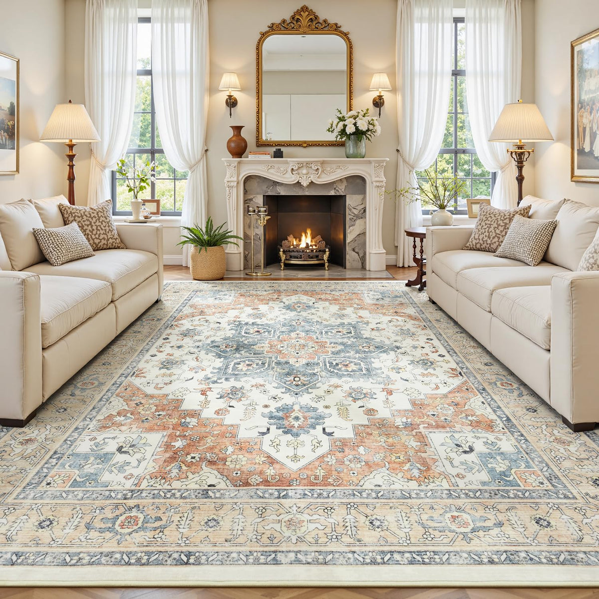 Sage Green 8x10 Area Rug for Living Room, Vintage Boho Large Carpet