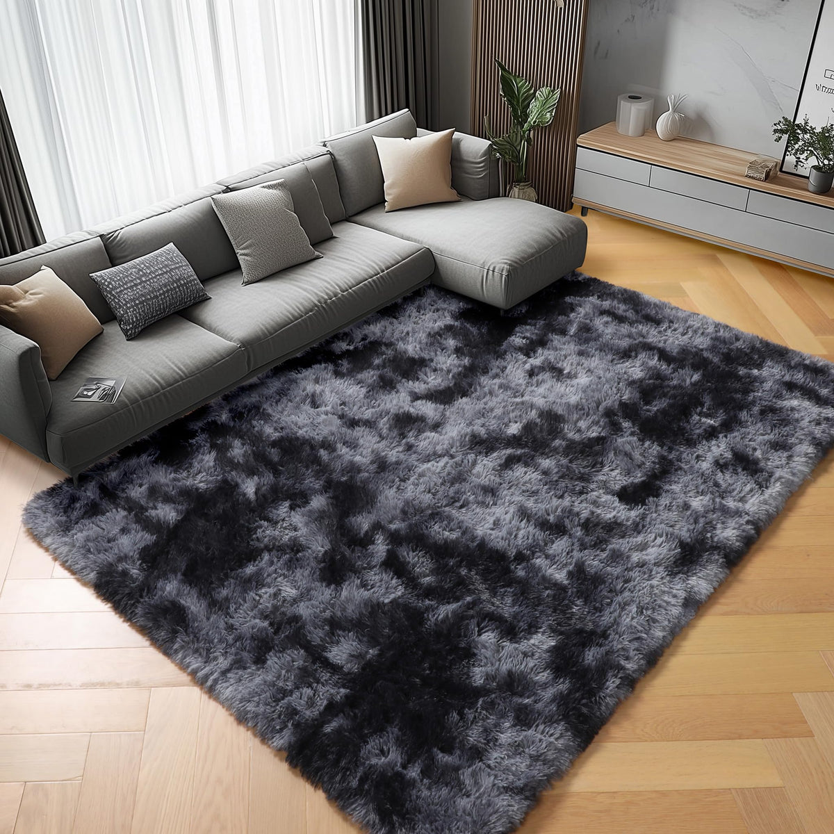 Area Rugs for Bedroom Living Room, 4x6 Fluffy Grey and Black Geometric Rug