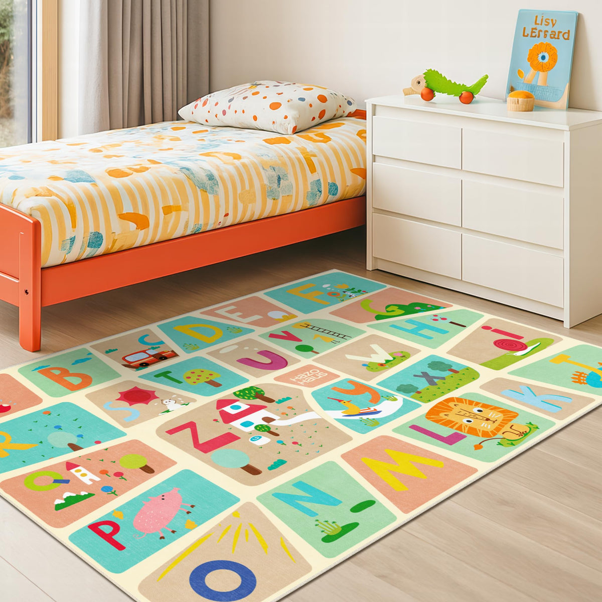 Hazo Haus Washable Kids Playroom Rug – 5x7 Play Rug for Preschool Toddlers, Girls, Educational with Cute Animals – Non-Slip, Stain Resistant, Soft & Safe for Bedroom, Play Room and Classroom - Blue