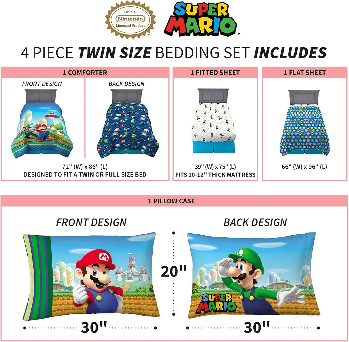 Super Mario Kids Twin Size Bedding, 4 Piece Super Soft Cozy Reversible Comforter and Sheet Set, (Officially Licensed Product) By Franco