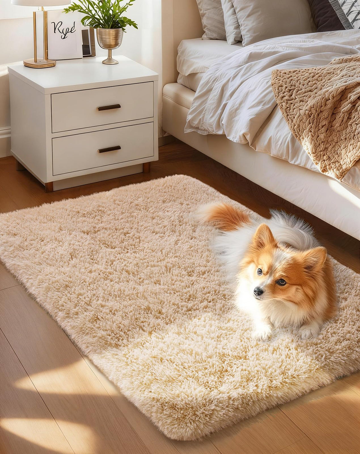 Ophanie Round Rugs 5Ft Ivory Circle Area Rug,Baby Nursery Living Room Bedroom Decor Circular Carpet 5 Foot,Fluffy Fuzzy Shag Plush Cream for Kids Boys Girls Teen with Over 99 pcs Pile fibers