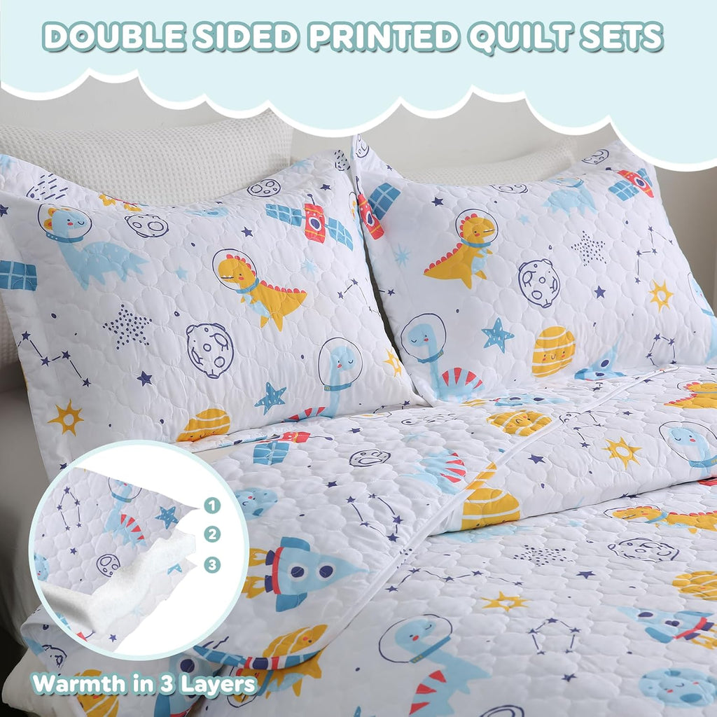 Dinosaur Space Rocket Themed Quilt Set Full Size for Boys,3 Pieces