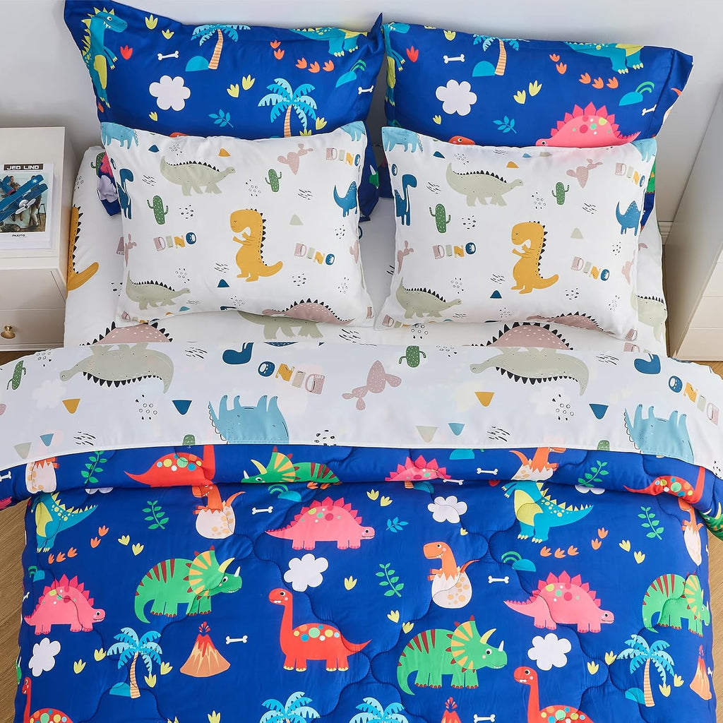 Wajade 7 Piece Kid Boys Dinosaur Comforter Set Twin Size 3D Blue Dinosaur Wild Park Jungle Print Bedding Set with Comforter, Sheet Set, Pillowcase and Sham