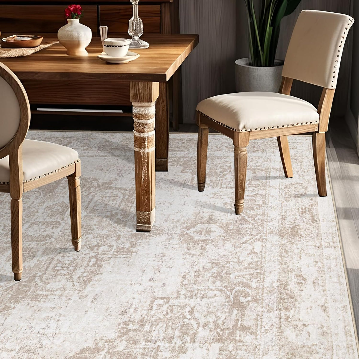 Area Rug 5x7 Vintage Rug: Washable Indoor Medallion Rugs Low Pile Distressed Floor Carpet Retro Accent Rug for Living Room Bedroom Kitchen Dining Table Home Office(Beige, 5'x7')