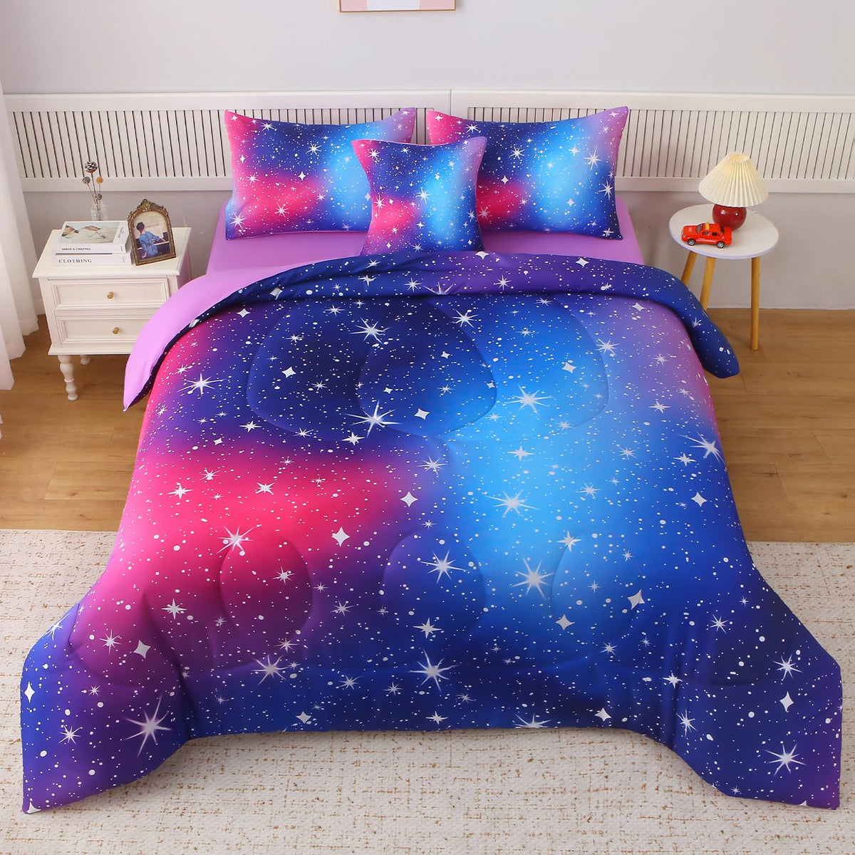 JQinHome Twin Pink Purple Comforter Set, 6 Piece Bed in A Bag 3D Colorful Bedding Set for Girls Kids (1 Comforter,2 Pillowcases,1 Flat Sheet,1 Fitted Sheet,1 Cushion Cover)(Pink Purple)