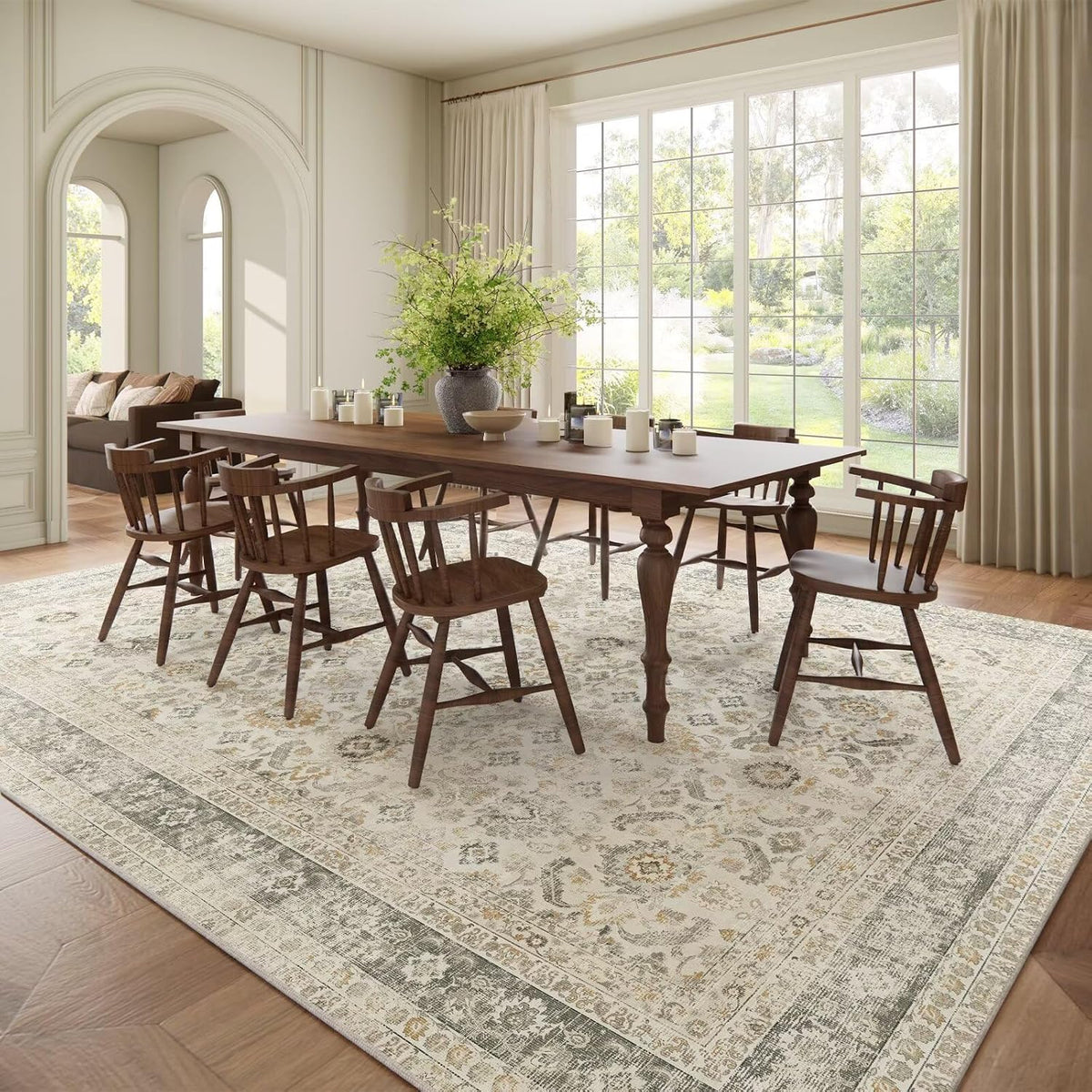 Washable 10x14 Area Rugs for Living Room, Ivory/Sage Gold