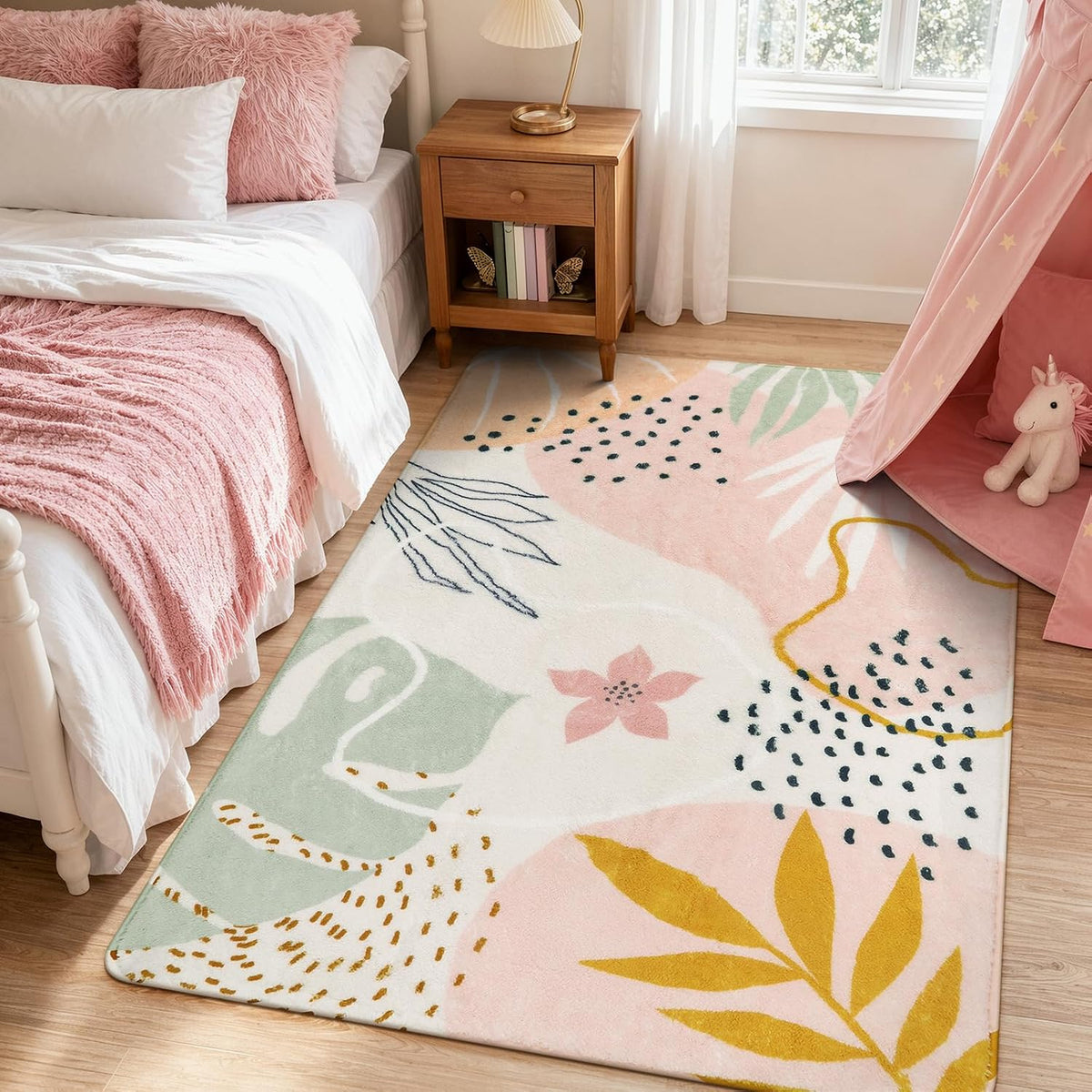 Lahome Pink Boho Nursery Rug 4x6, Washable Non Slip Soft Botanical Area Rug for Girls Bedroom Kids Room Playroom Dorm Apartment Decor