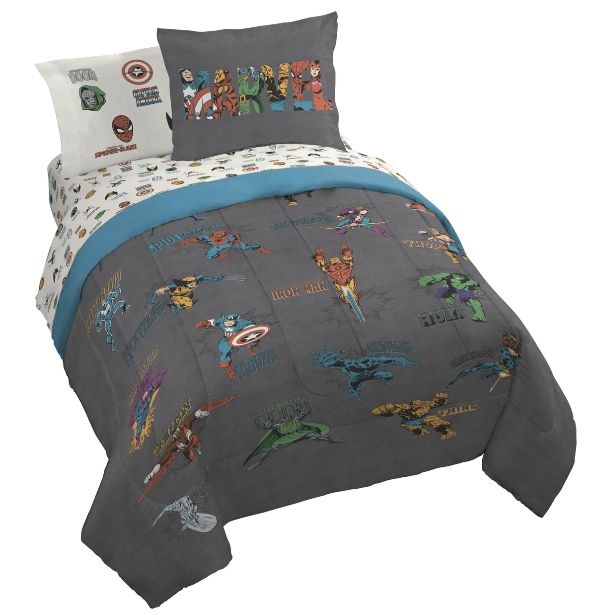 Marvel Spiderman Full Comforter Set 7 Piece Bedding for Boys, Blue