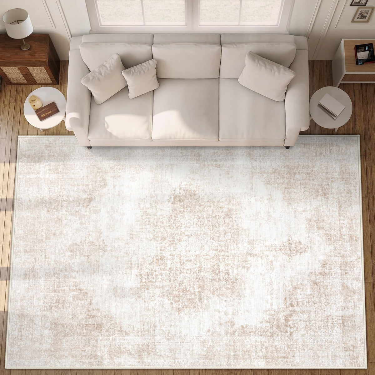 Area Rug 5x7 Vintage Rugs: Washable Living Room Rug Retro Medallion Distressed Large Rug Soft Low Pile Non-Slip Rugs Indoor Floor Carpet for Bedroom Kitchen Nursery Dining Table Office (Beige/Brown)