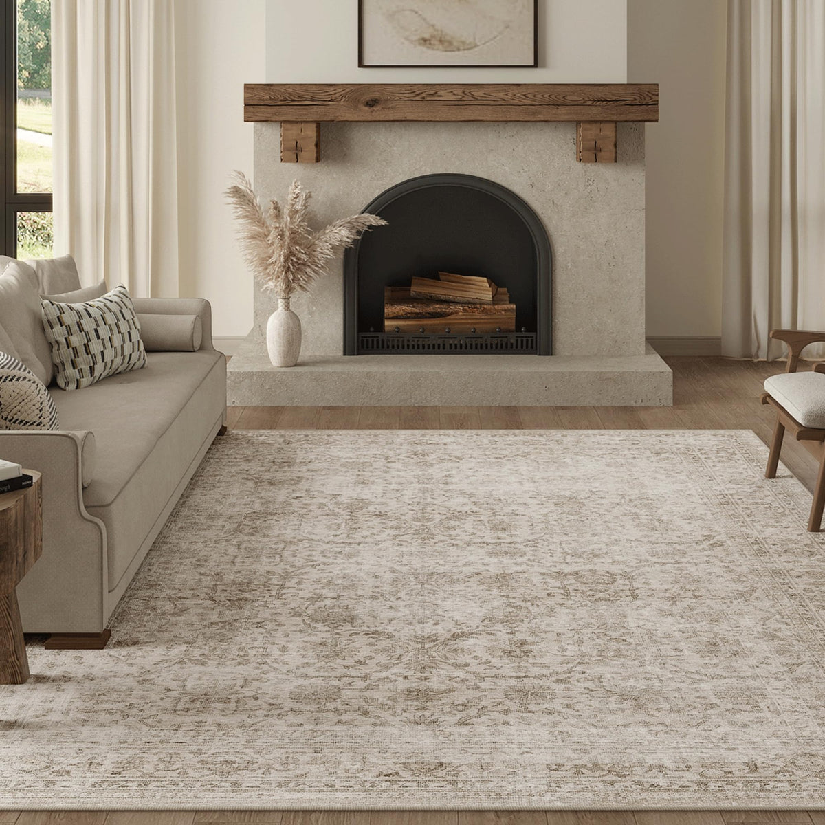 FMFUNCTEX 5x7 Washable Beige Neutral Vintage Retro Area Rug for Living Room