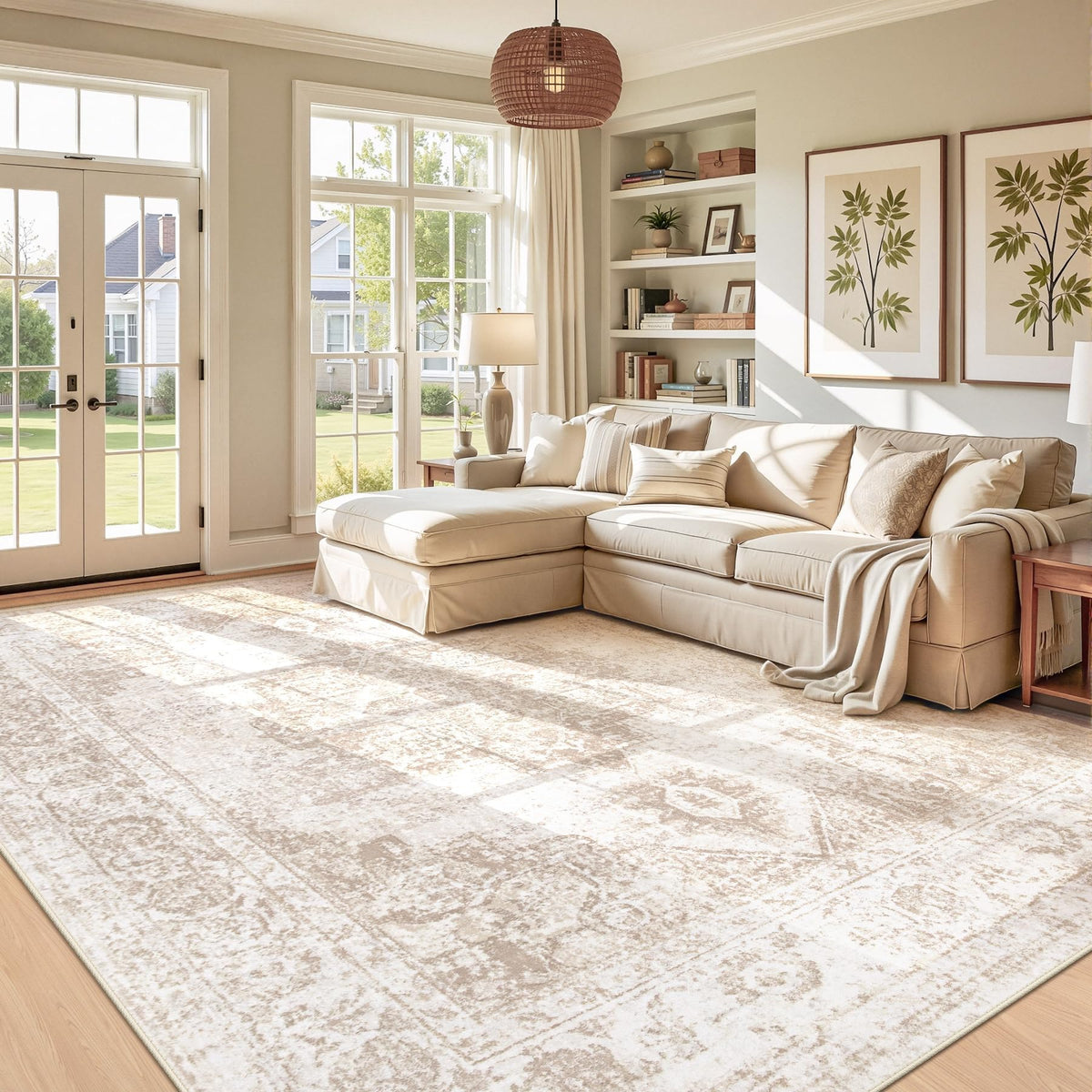 Area Rug 5x7 Vintage Rug: Washable Indoor Medallion Rugs Low Pile Distressed Floor Carpet Retro Accent Rug for Living Room Bedroom Kitchen Dining Table Home Office(Beige, 5'x7')