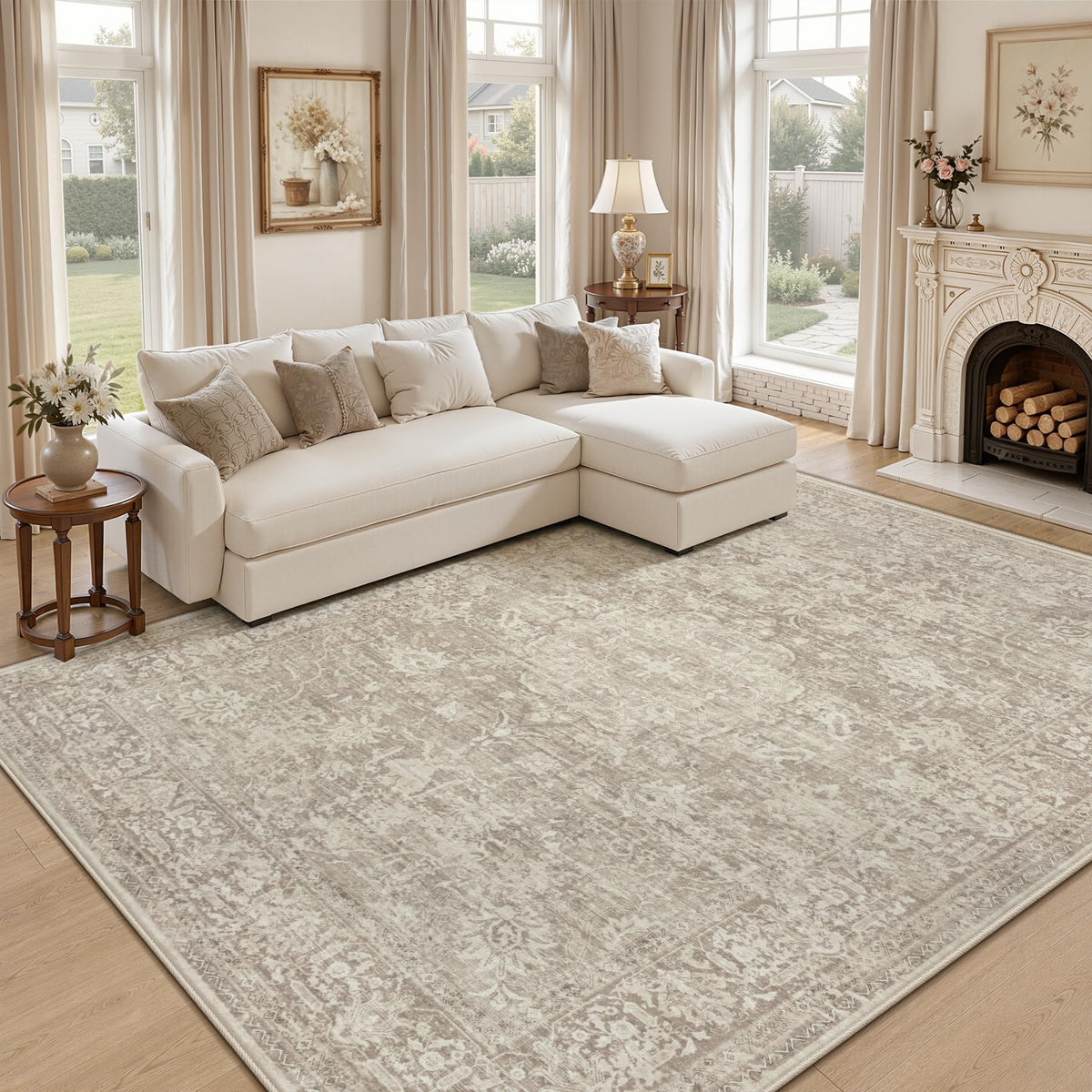 5x7 Area Rugs for Living Room: Washable Boho Vintage Floral Rug Soft Non-Slip Rugs Stain Resistant Low Pile Indoor Carpet for Bedroom Dining Room Nursery Playroom Beige