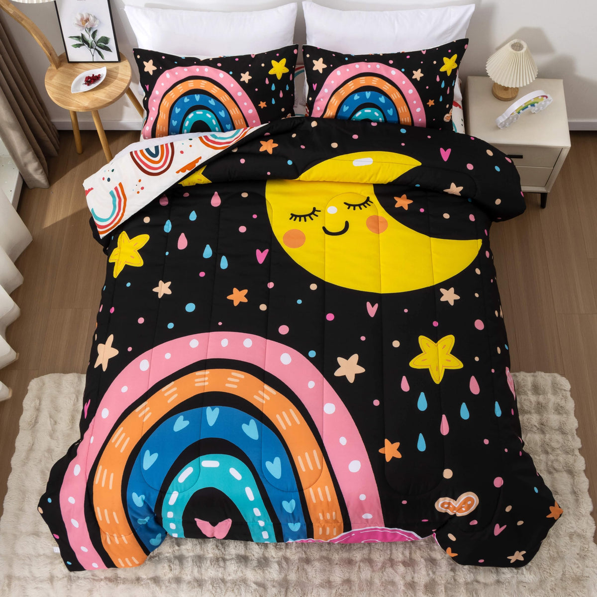 Btargot Lightweight Soft 3 Piece Rainbow Comforter Set with 2 Pillow Covers, Cartoon Love Hearts Flowers and Grass Bedding Set for Girls Boys Kids, Full Multi-Color