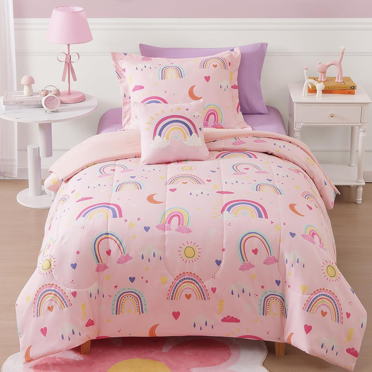 Twin Comforter Set for Girls - 3 Pieces Pink Rainbow Twin Bedding Sets