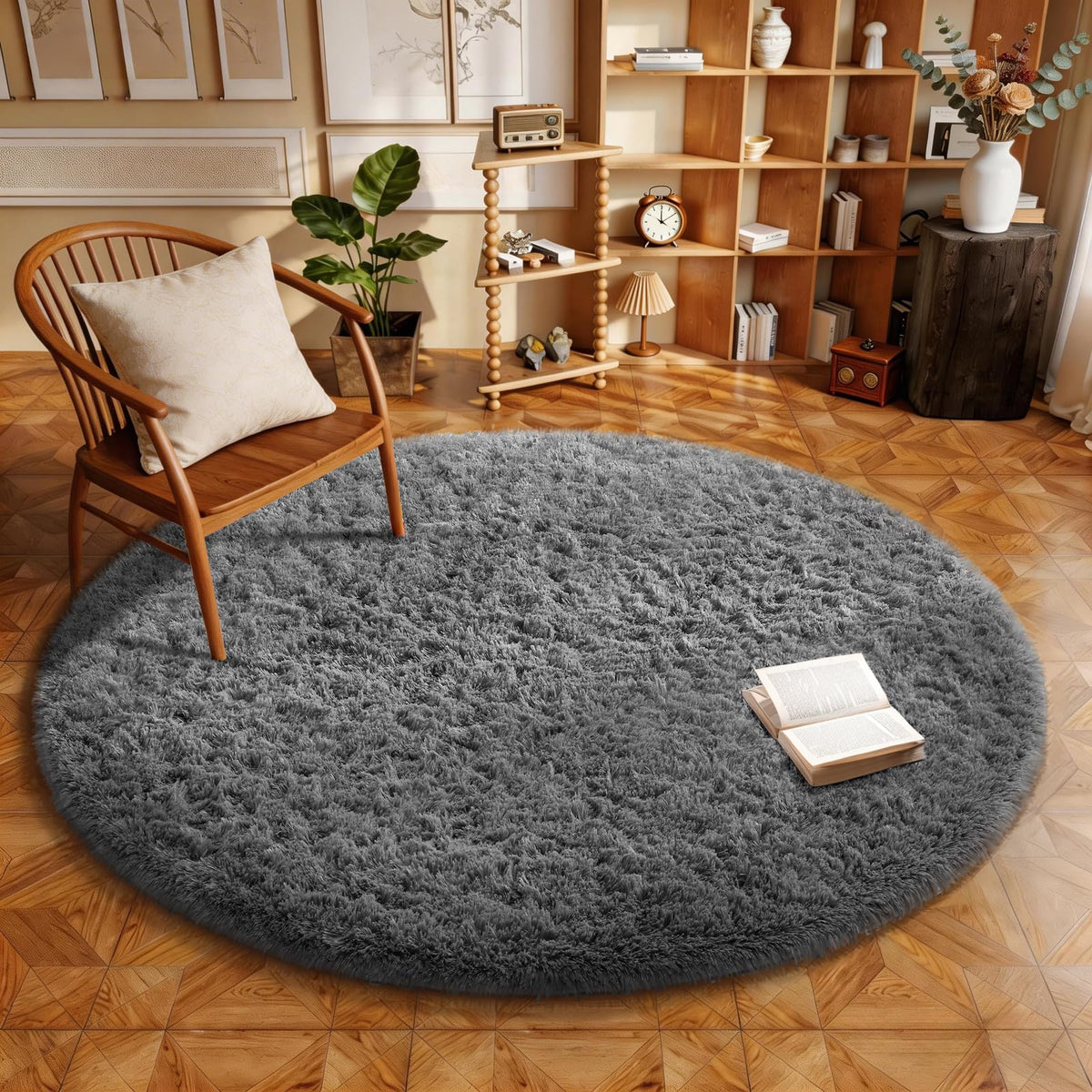 Ophanie Round Rugs 5Ft Ivory Circle Area Rug,Baby Nursery Living Room Bedroom Decor Circular Carpet 5 Foot,Fluffy Fuzzy Shag Plush Cream for Kids Boys Girls Teen with Over 99 pcs Pile fibers