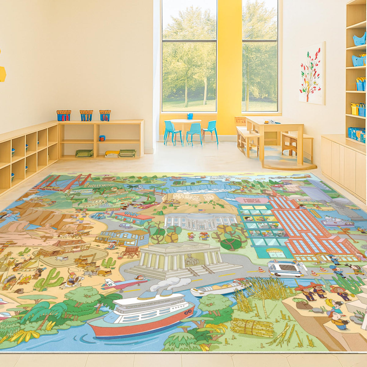 Hazo Haus Washable Kids Playroom Rug – 5x7 Play Rug for Preschool Toddlers, Girls, Educational with Cute Animals – Non-Slip, Stain Resistant, Soft & Safe for Bedroom, Play Room and Classroom - Blue