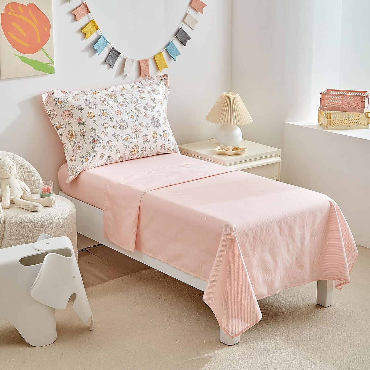 DuShow Floral 4 Piece Girls Toddler Bed Comforter Set Pink Flower Reversible Toddler Bedding Set Soft Baby Crib Bed Sheets Set in a Bag | Include Quilt Comforter,Flat Sheet,Fitted Sheet,Pillowcase